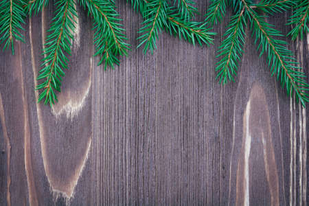 spruce branches Christmas tree on a dark wooden backgroundの写真素材