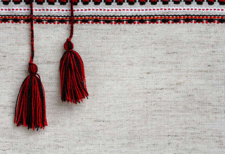 linen fabric with embroidery and tasselsの写真素材