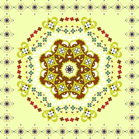 Bright colorful round ornament  in a square frame.