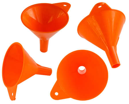 household plastic funnel, set isolated on white backgroundの写真素材