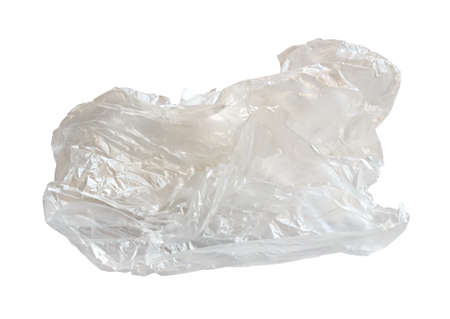crumpled used transparent plastic bag isolated on white backgroundの写真素材