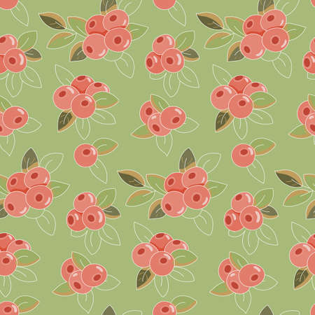 seamless vegetable pattern with cranberry red berries and leaves on green background