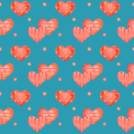 seamless pattern with red watercolor hearts on a bright green background