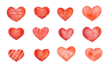 Set of red watercolor hand drawn hearts isolated on whiteの写真素材
