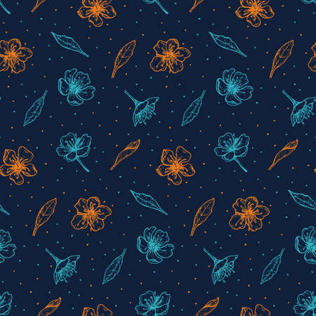 bright seamless pattern with vintage blooming cherry on a dark blue backgroundのイラスト素材