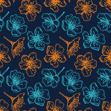 bright seamless pattern with vintage blooming cherry on a dark blue backgroundのイラスト素材
