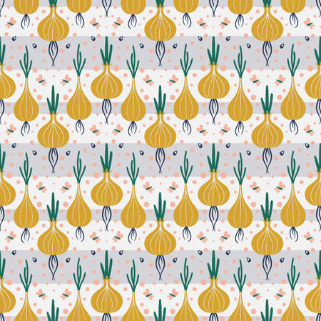 light seamless vegetable pattern with bulbs and small moths on white backgroundのイラスト素材