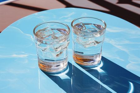 Two glasses of whiskey with ice on a blue background, close-upの素材