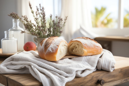Freshly baked bread on wooden table in kitchen. Space for textの素材