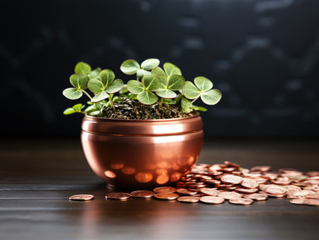 green clover leaves with gold coins scattered on the wooden surface. St.Patrick's Day.の素材