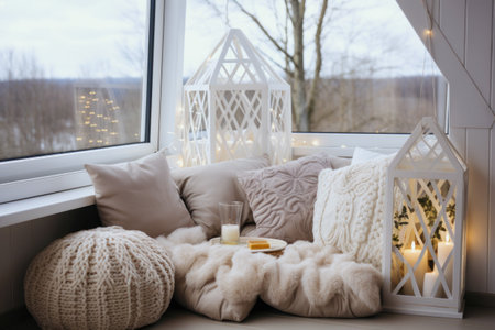 cozy winter interior, a corner with textile pillows and candles by a large windowの素材