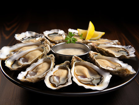 fresh oysters with sauce on a dark plateの素材