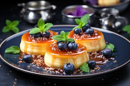 pudding with blueberries and caramel sauce, delicious dessertの素材