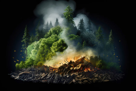 forest fire, burning trees in clouds of smoke on a black backgroundの素材