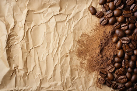 coffee beans and scattered milled coffee on old crumpled paperの素材