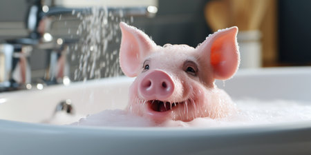 contented smiling pig in soap foam washes in the bathroomの素材