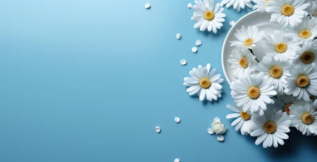 chamomile, daisy flowers on a light blue background with copy spaceの素材