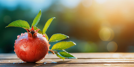 juicy pomegranate with green leaves, illuminated by the sun on a wooden table, banner with copy spaceの素材