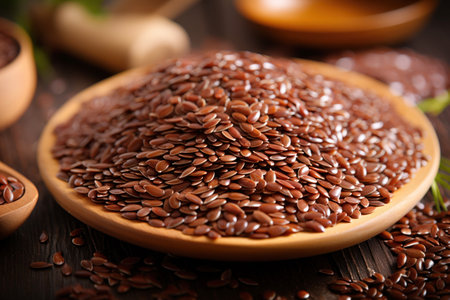 flax seeds in wooden bowl on the tableの素材
