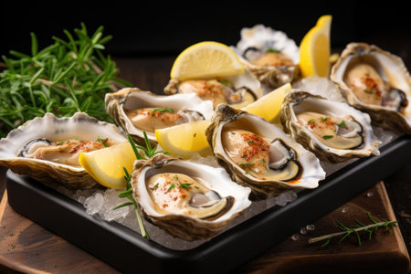 fresh oysters on with lemon a tray with iceの素材