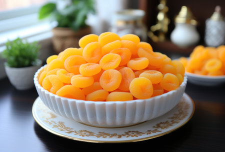 pile of dried apricots in a white plate on the kitchen tableの素材