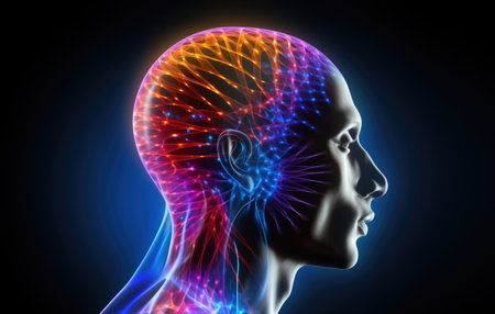 human head with a glowing brain area illustrating brain activity and neural connectionsの素材