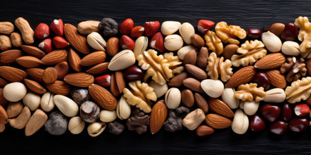 mixture of nuts of different types on a black wooden backgroundの素材