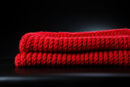 Knitted bright red clothes, scarf on a black background with a copy spaceの素材