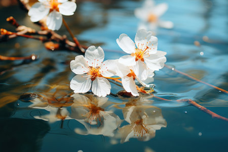 spring branch of a cherry blossom with a reflection in the water, illuminated by the bright sunの素材