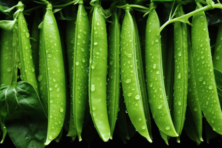 green bean or pea pods with drops of water growing in the gardenの素材
