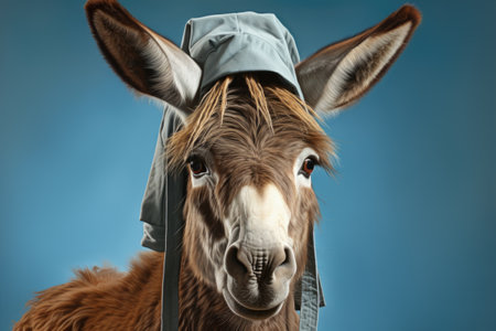 portrait of a donkey on a blue backgroundの素材