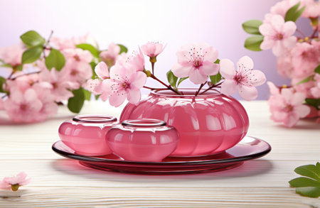 pink delicate cherry flowers in a glass vase, spring still lifeの素材