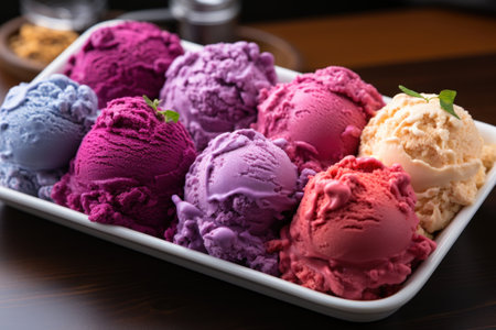 Assorted colorful fruit ice cream scoops in trayの素材