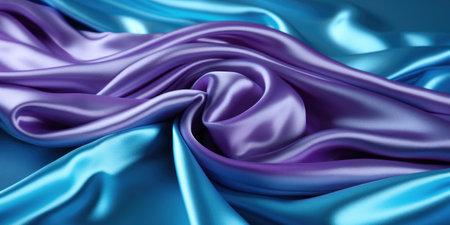 blue and purple satin fabric draped with large folds, textile backgroundの素材