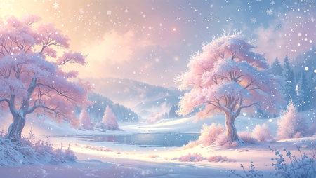 Magical winter background with pastel snowy trees and snowfall, ideal for Christmas or New Year banner designの素材