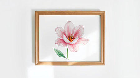 Watercolor botanical artwork of pink flower with green leaf, framed in wood, isolated on white background with copy spaceの素材