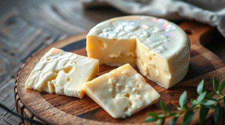 Gourmet cheese presentation: sliced cheese and whole wheel on wooden cutting boardの素材