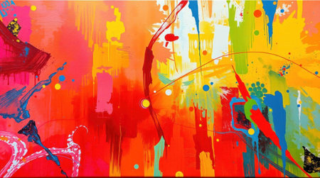 Colorful modern artwork with energetic paint splatters and dynamic composition, horizontal layout.の素材