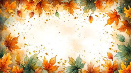 Watercolor frame of autumn maple leaves with golden splashes and copy space in the center.の素材