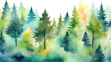 Stylized conifer forest in watercolor, bathed in light mist and soft colorsの素材