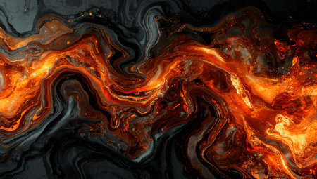 Liquid magma-inspired flow of vivid fiery hues against dark background, abstract dynamic and dramatic design.の素材