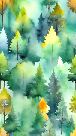 Peaceful watercolor woodland scene, autumn forestの素材