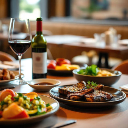Gourmet dinner with grilled lamb chops, vegetables, and red wine in a stylish restaurant interiorの素材