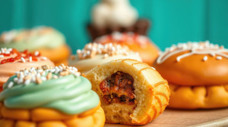 Colorful frosted cookies on a wooden board, selective focus on a bitten dessert with rich fillingの素材