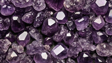 Natural amethyst gemstones with faceted edges and rough surfacesの素材