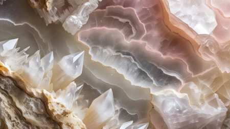 mineral texture of polished quartz geode with visible crystals and subtle warm tonesの素材