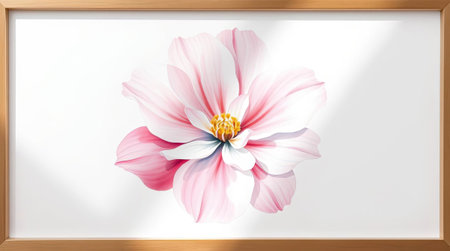 Minimal floral artwork in natural wooden frame, delicate watercolor tulip on white background with soft lightの素材