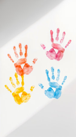Colorful children's handprints on white background, creative art playの素材