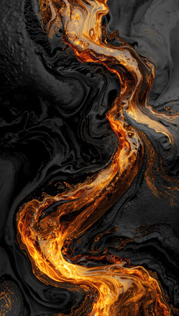 Flowing molten gold abstract on dark background, glowing liquid texture, vertical compositionの素材