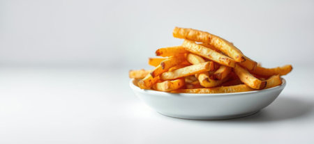 Close-up of salted French fries on plate, fast food snack concept.の素材